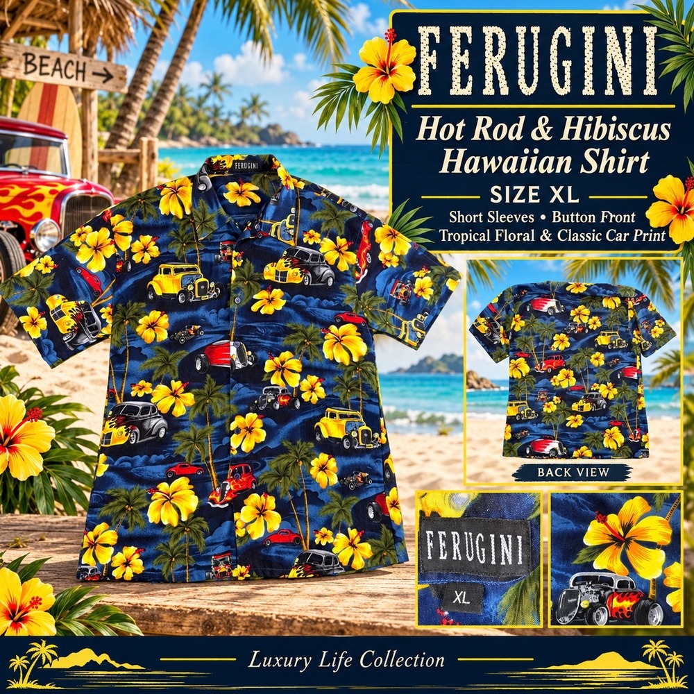 Ferugini Mens XL Hot Rod Classic Car Hibiscus Tropical Short Sleeve Button Shirt